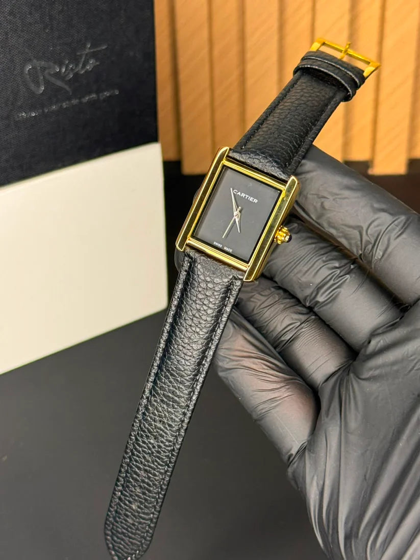 Old Money Watch  Tank Plain Dial Watch - Leather Straps Black-